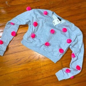 Grey Pullover Sweater with Pink Fuzzy Balls